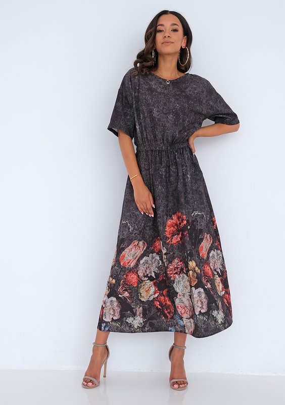Midi charcoal grey dress with a floral border