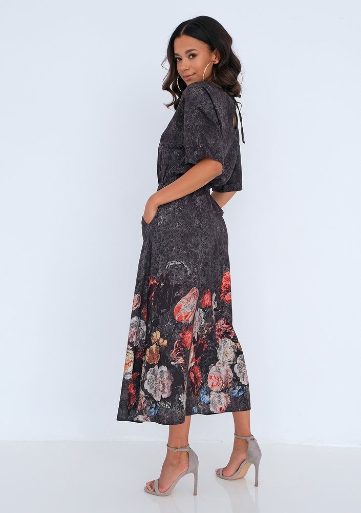 Midi charcoal grey dress with a floral border