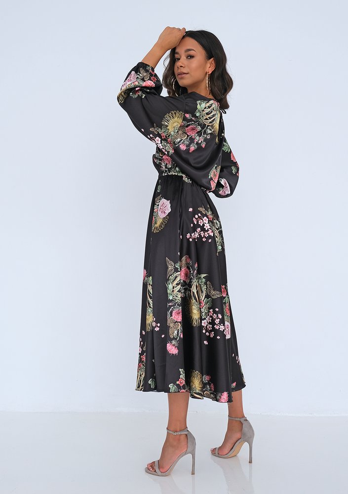 Midi black satin dress Floral