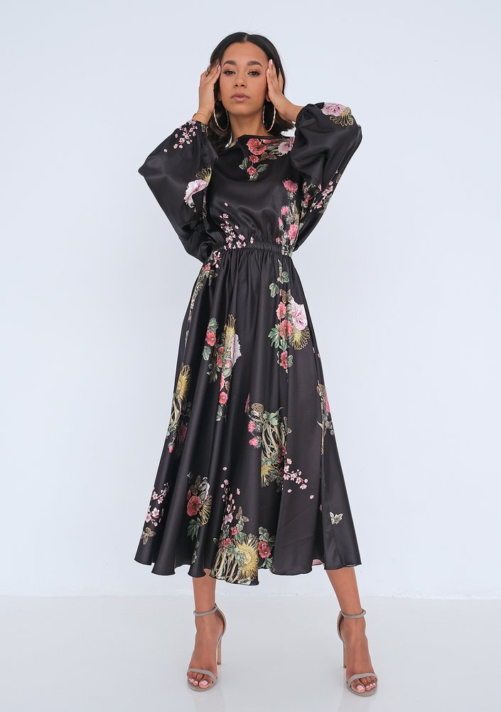 Satynowa sukienka midi Floral Czarna