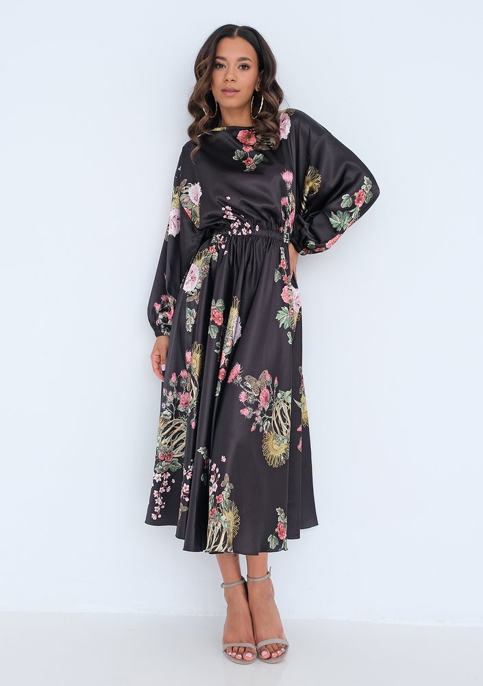 Midi black satin dress Floral