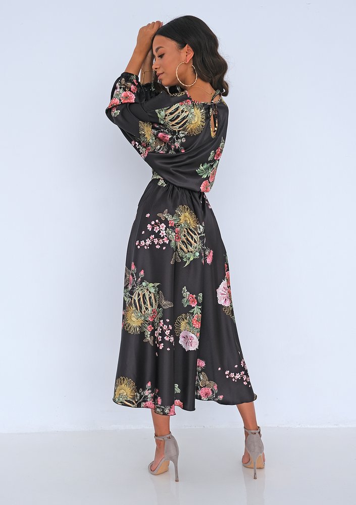 Midi black satin dress Floral