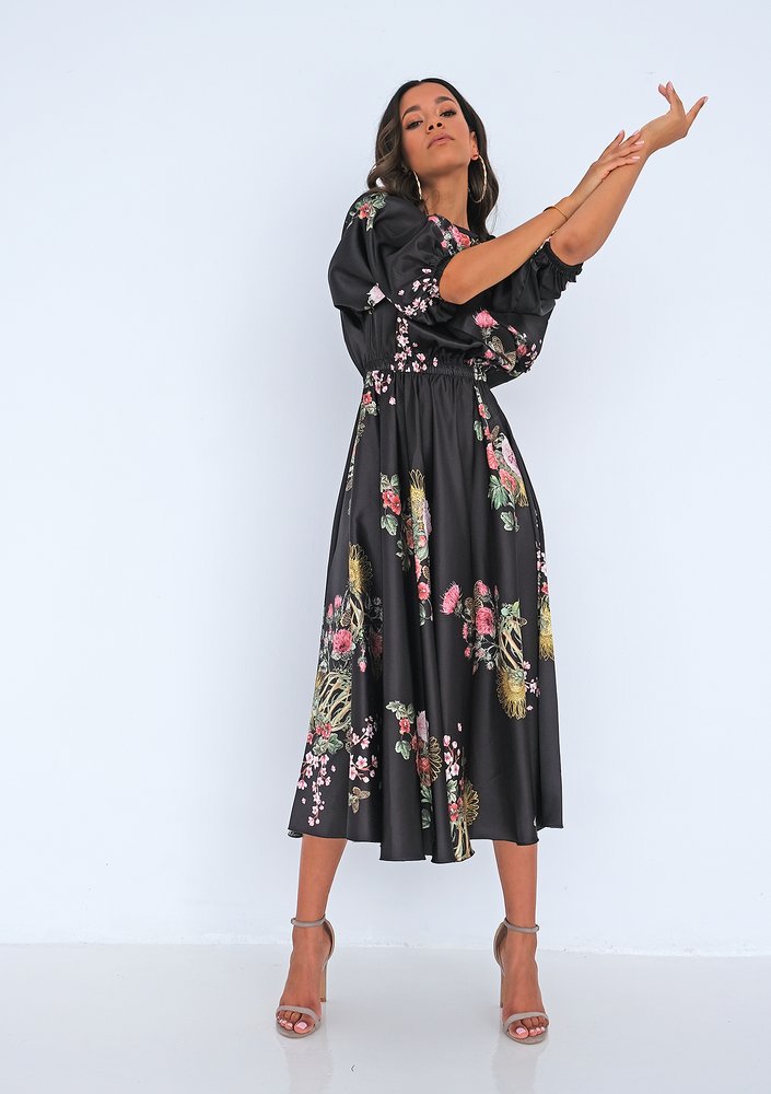 Midi black satin dress Floral