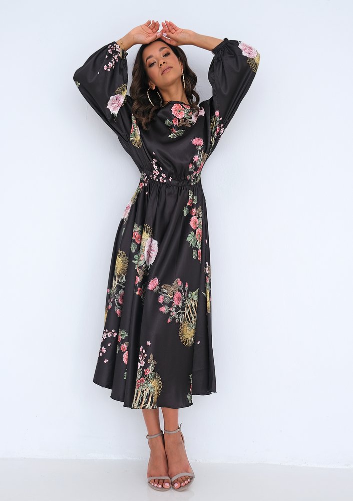 Satynowa sukienka midi Floral Czarna