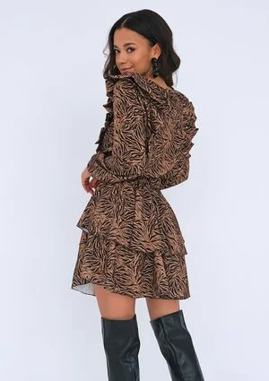 Brown printed dress with frills