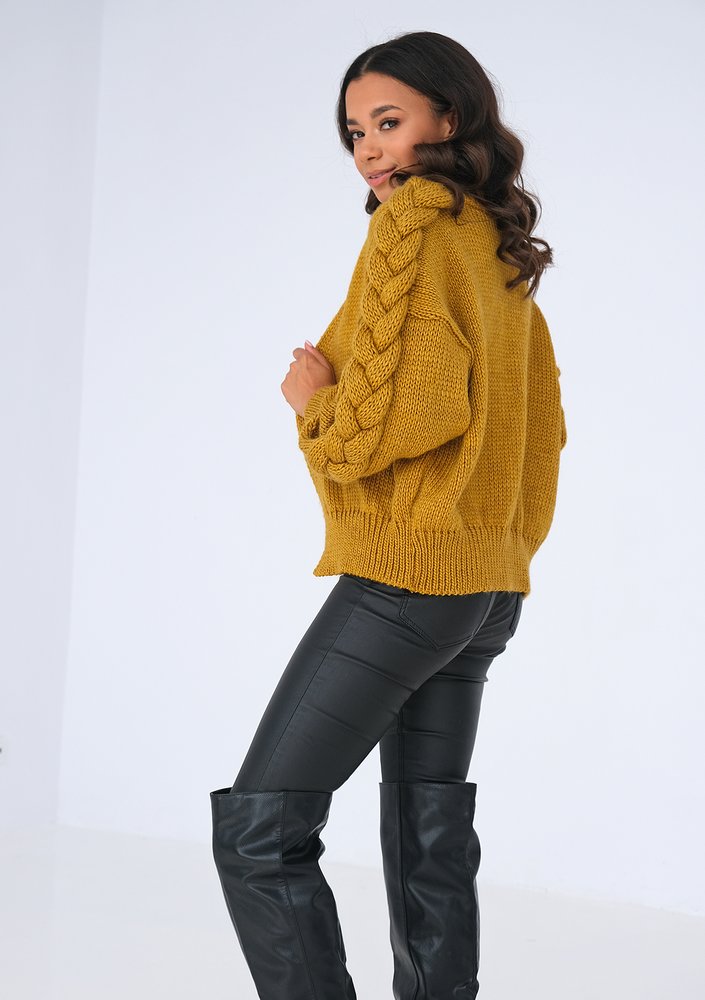 Short mustard yellow cardigan with a braid