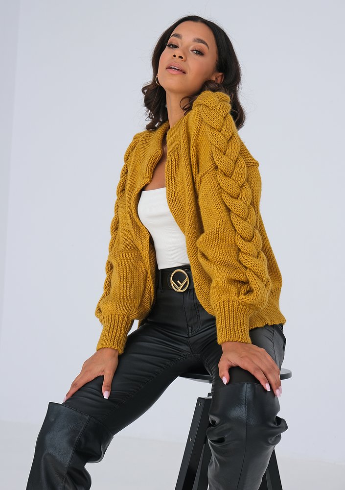 Short mustard yellow cardigan with a braid