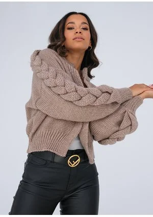 Short taupe cardigan with a braid