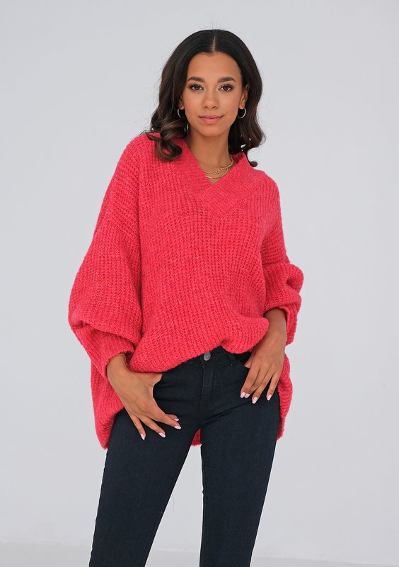 Sweter z dekoltem V oversize MALINOWY ILM