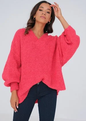 Raspberry red oversized V-neck sweater ILM
