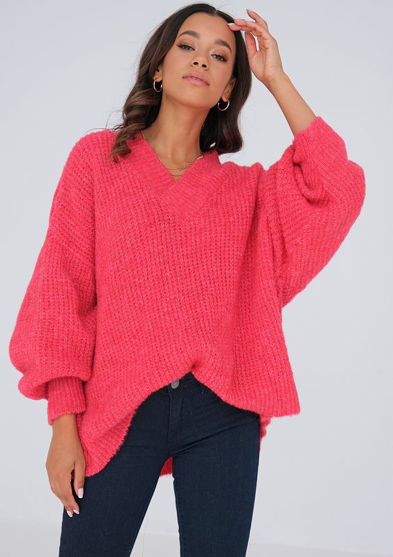 Sweter z dekoltem V oversize MALINOWY ILM