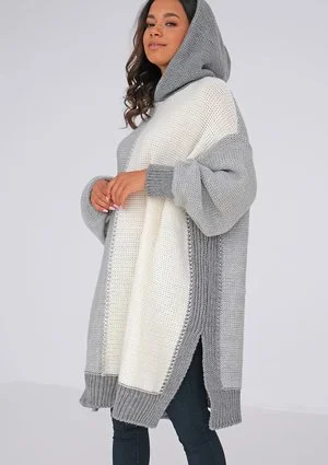 Long tricolor grey sweater with a hood