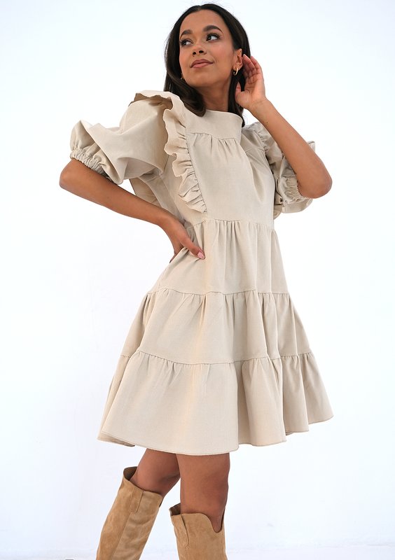 Mini beige curduroy dress with frills