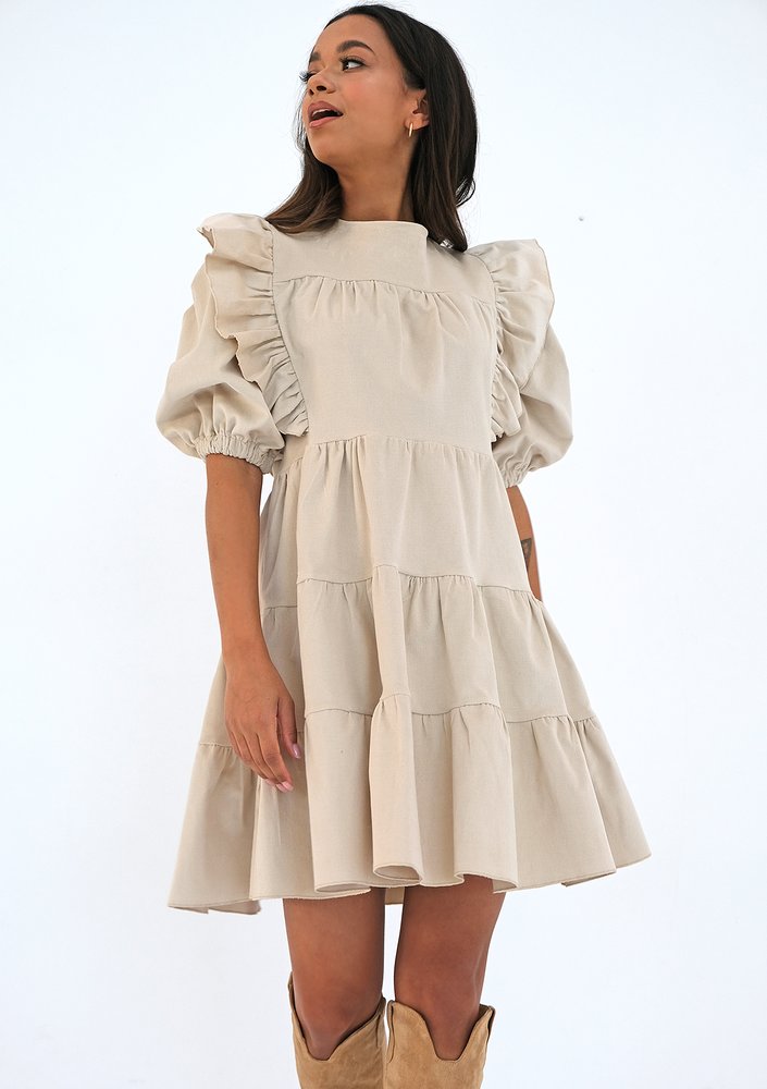 Mini beige curduroy dress with frills