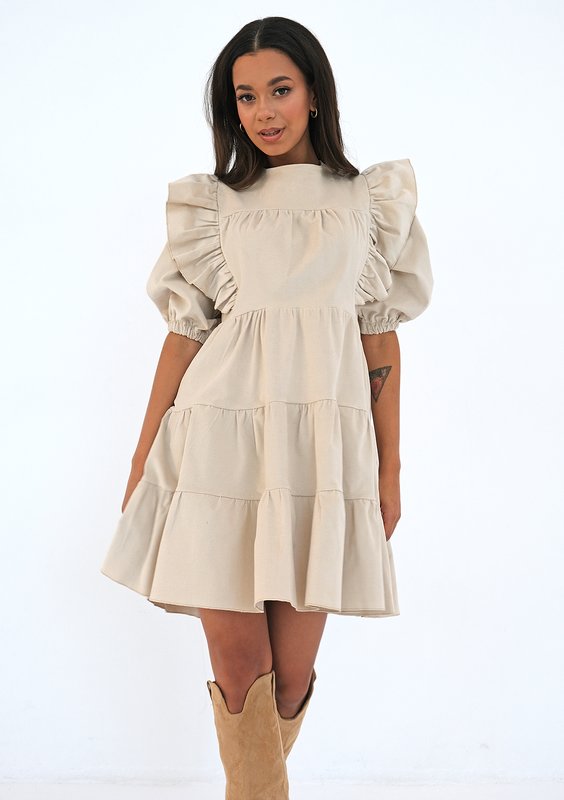 Mini beige curduroy dress with frills