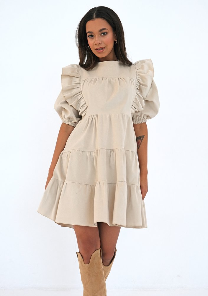Mini beige curduroy dress with frills