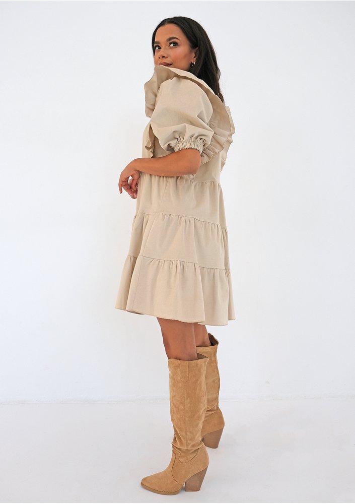 Mini beige curduroy dress with frills
