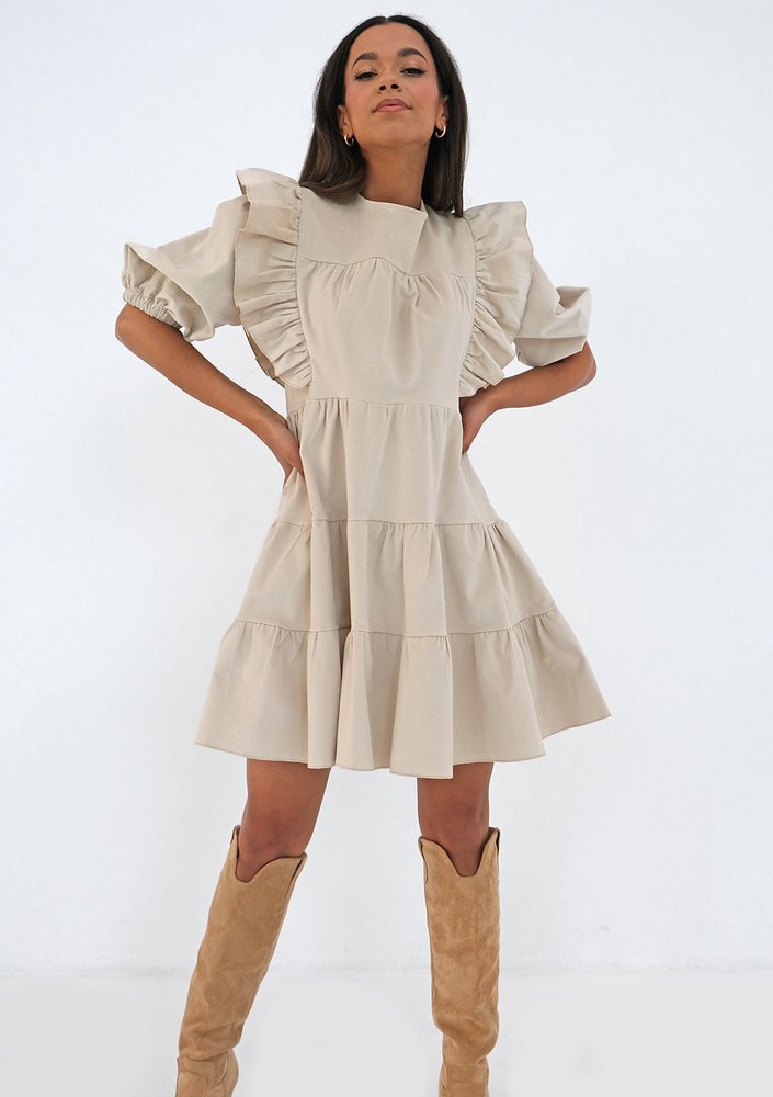 Mini beige curduroy dress with frills