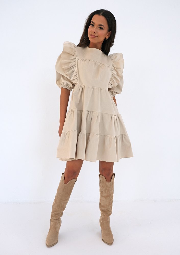 Mini beige curduroy dress with frills