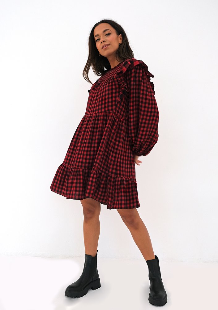 Mini checked cotton dress with frills