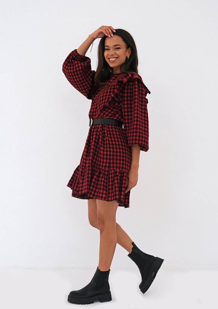 Mini checked cotton dress with frills