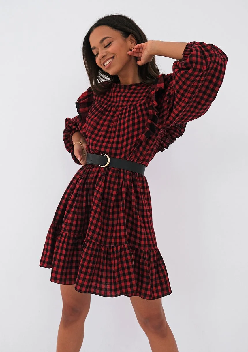 Beatrice - mini checked red cotton dress with frills - Mosquito