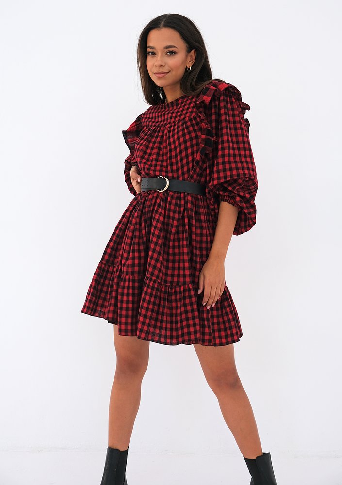 Mini checked cotton dress with frills