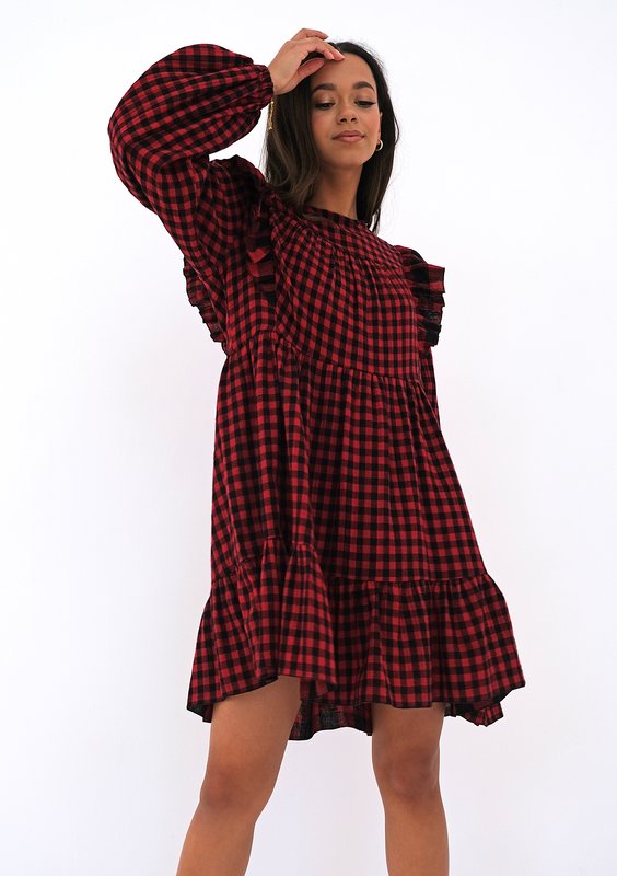 Mini checked cotton dress with frills