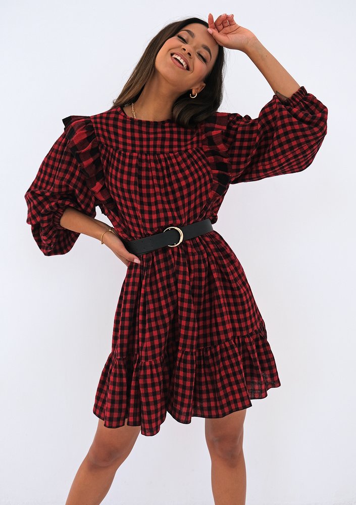 Mini checked cotton dress with frills