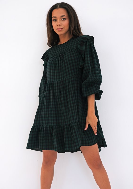 Mini checked green cotton dress with frills