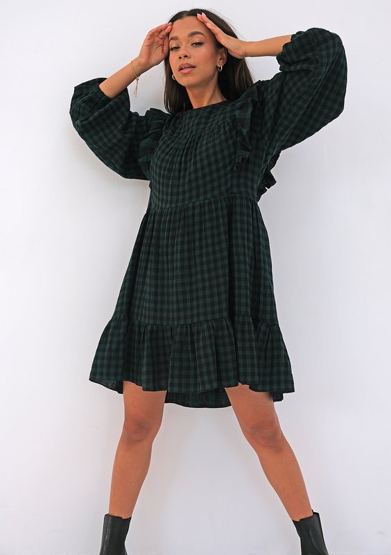 Mini checked green cotton dress with frills
