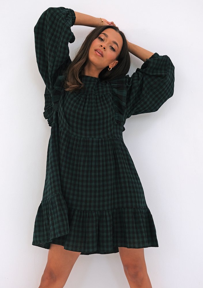 Mini checked green cotton dress with frills