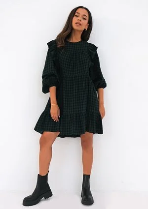 Mini checked green cotton dress with frills
