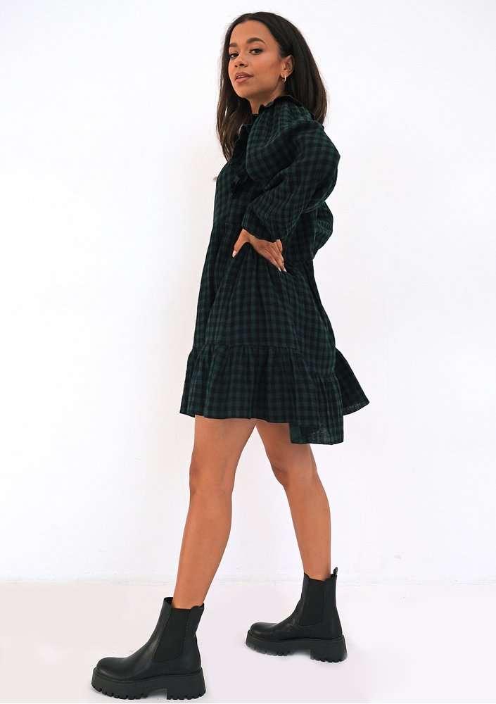 Mini checked green cotton dress with frills