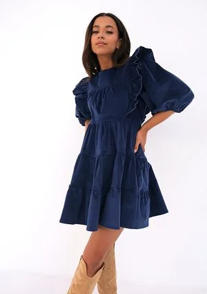 Mini navy blue curduroy dress with frills