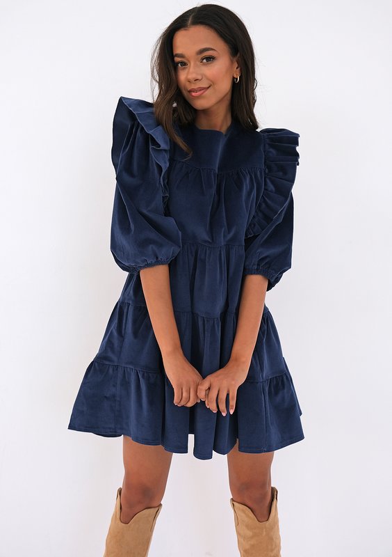 Mini navy blue curduroy dress with frills