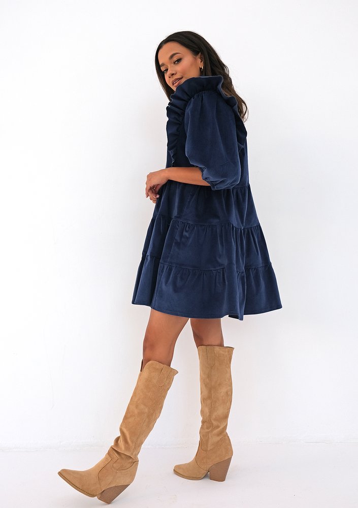 Mini navy blue curduroy dress with frills
