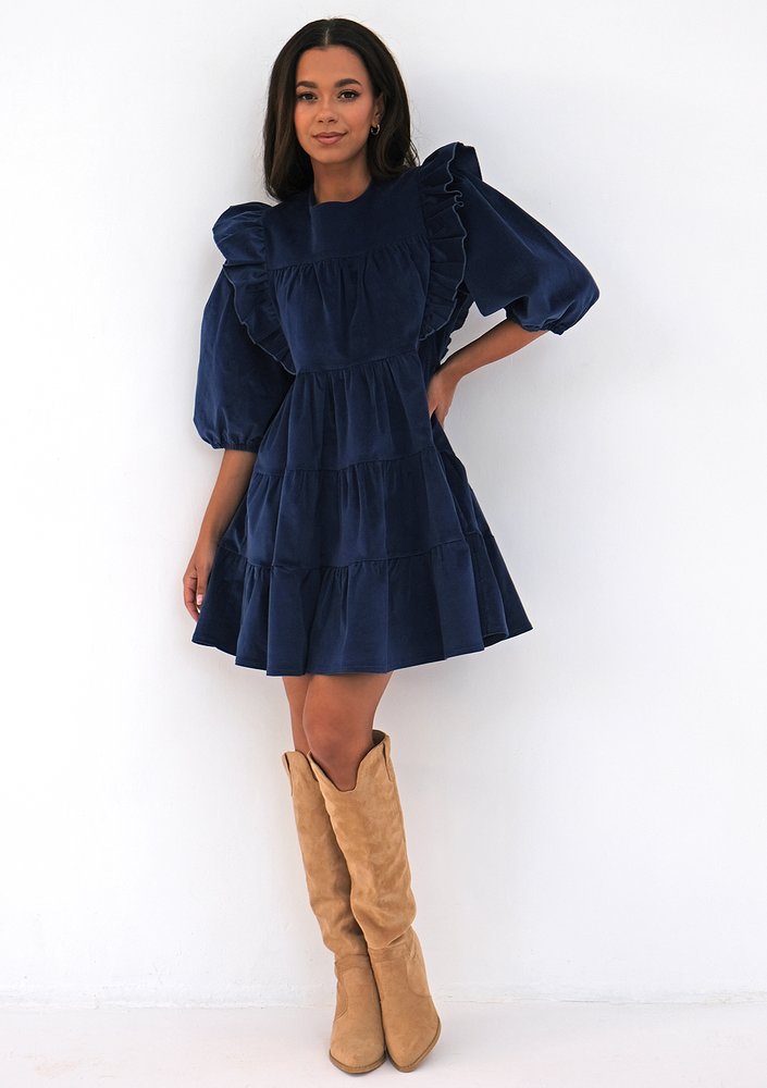 Mini navy blue curduroy dress with frills