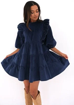 Mini navy blue curduroy dress with frills
