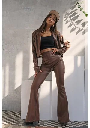 Brown eco leather flared trousers