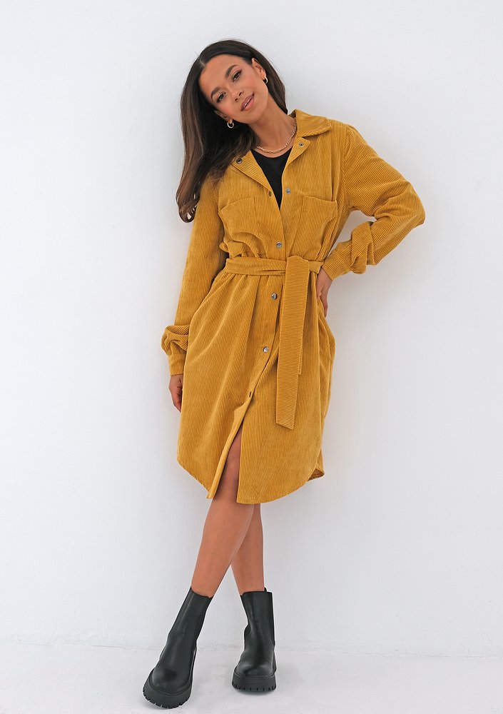 Mustard yellow curduroy shirt dress