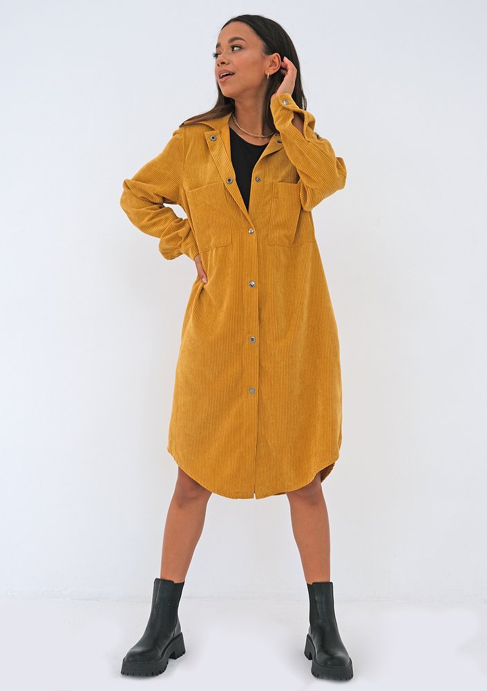 Mustard yellow curduroy shirt dress