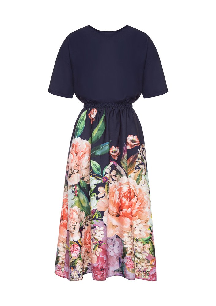 Sukienka midi z kwiatowym borderem granatowa