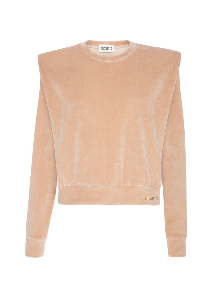 Velvet sweatshirt with shoulder pads Beige