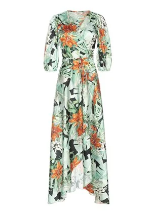 Maxi wrap satin dress with monstera leaves