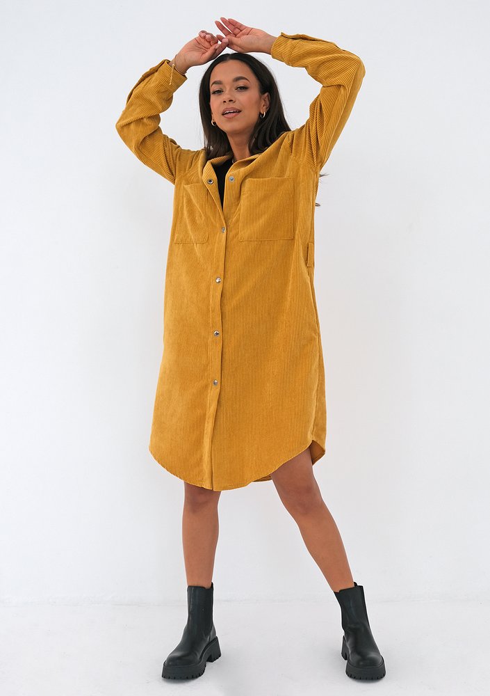 Sukienka koszulowa ze sztruksu Musztardowa