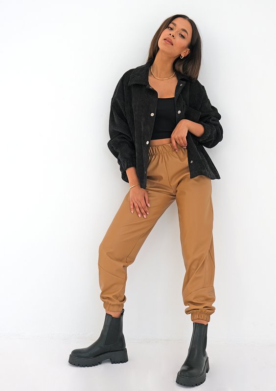 Beige eco leather jogger trousers