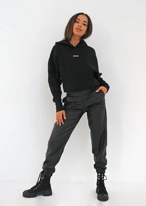 Black eco leather jogger trousers