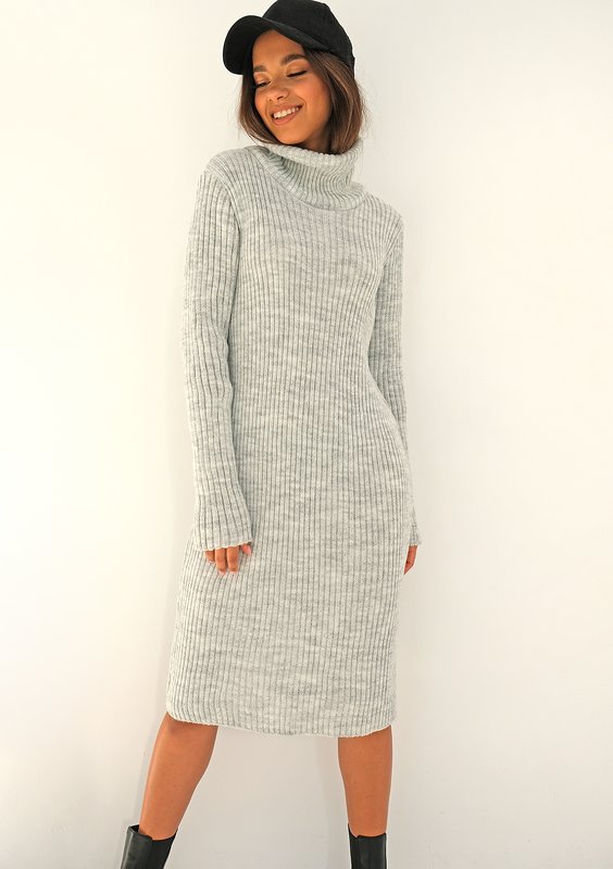 Midi grey knitted turtleneck dress
