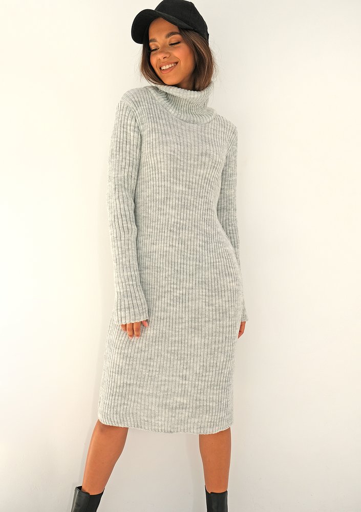 Midi grey knitted turtleneck dress